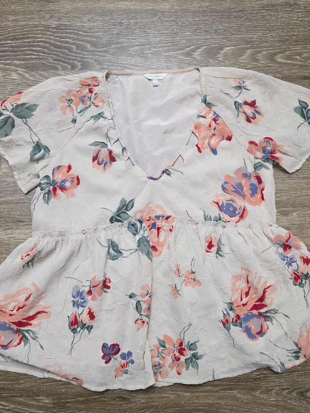 Floral V-Neck Peplum Blouse - Cream with Pink & Blue Flowers Lucky Brand Size S
